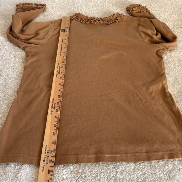 Quacker Factory Shirt Medium Tan Ruffle Edge Rhinestone Tunic Pullover 3/4 Slv - Picture 10 of 11